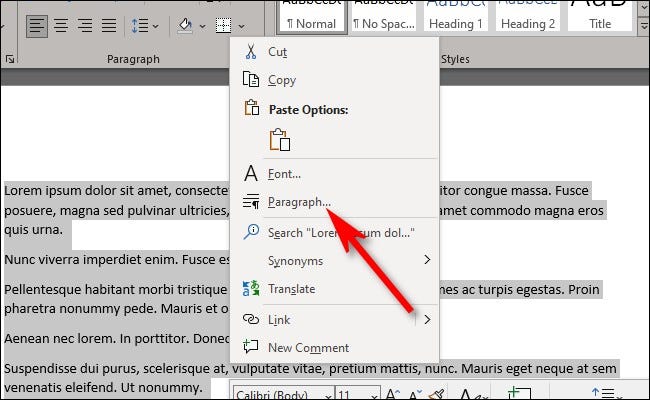 Haga clic derecho en el texto seleccionado para abrir el menú de opciones y haga clic en la opción "Párrafo"