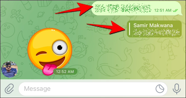 Mensaje y respuesta con formato de spoiler en Telegram para iPhone