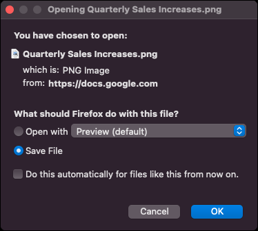 Solicitud de Firefox para abrir o guardar el archivo