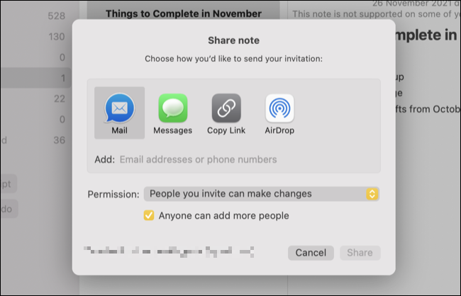 Compartir nota en Apple Notes para Mac
