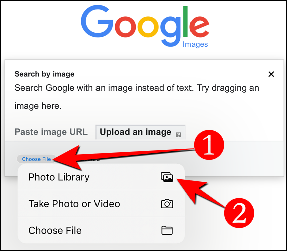 Seleccione el botón "Elegir archivo" y elija "Biblioteca de fotos" para abrir Fotos y seleccionar una imagen para cargar.