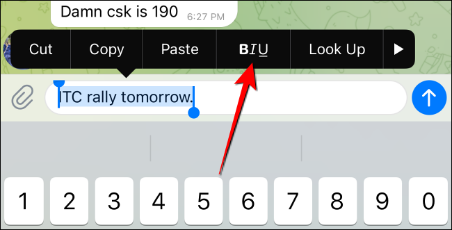 Toque la opción "BIU" en las opciones de formato en Telegram para iPhone.