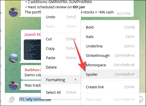 Seleccione "Spoiler" en el menú de formato de la aplicación Telegram para escritorio.
