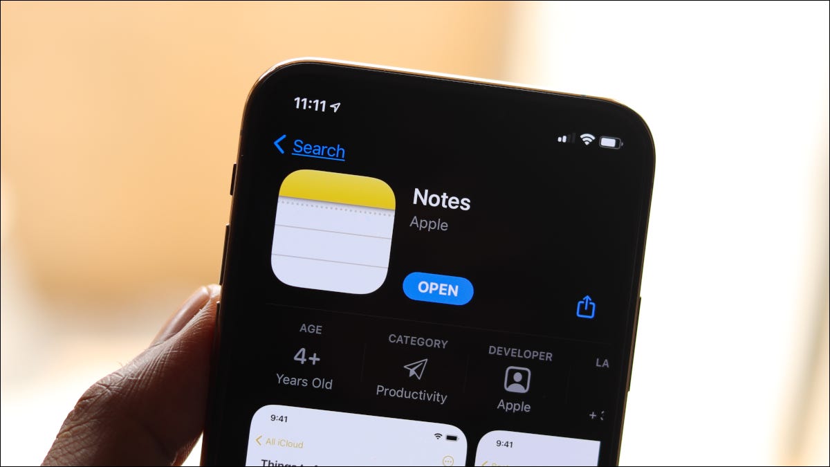 La aplicación Apple Notes en la App Store en la pantalla de un iPhone.