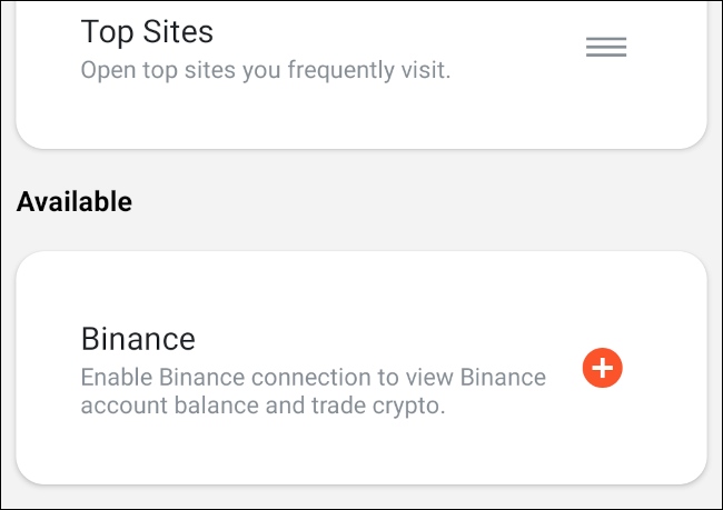 La tarjeta Binance eliminada de la pila de widgets en Brave mobile.