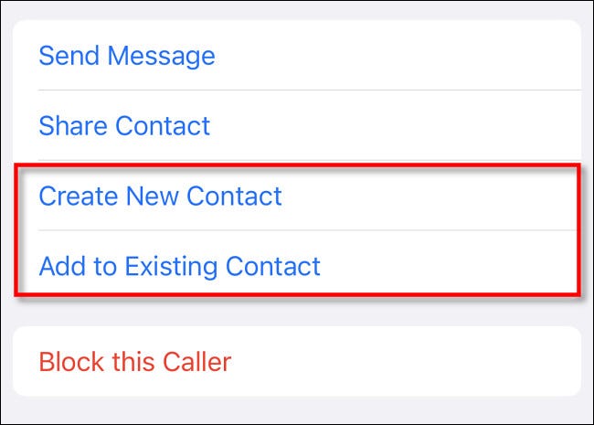 Toque "Crear nuevo contacto" o "Agregar a contacto existente".