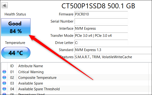 Crystal Disk Info que muestra el estado de un SSD Crucial P1 NVMe.