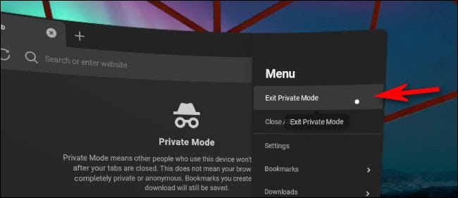En el navegador de Oculus, haz clic en "Salir del modo privado".