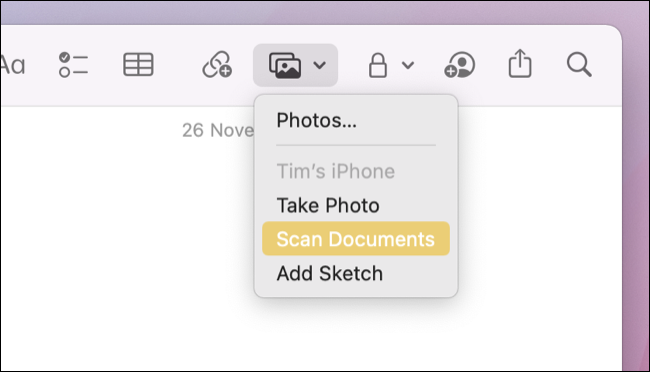 Insertar imágenes o documentos en macOS Notes