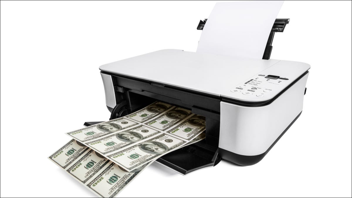 Una impresora de inyección de tinta que imprime billetes de dólar.
