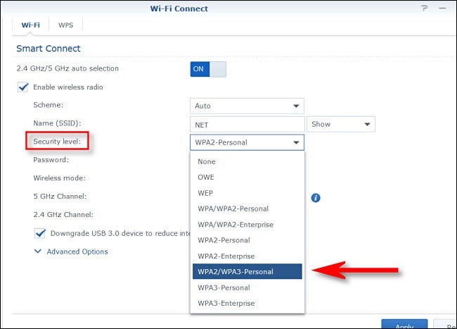 En la configuración del nivel de seguridad de Wi-Fi de su enrutador, elija WPA2/WPA3 o WPA3 Personal.