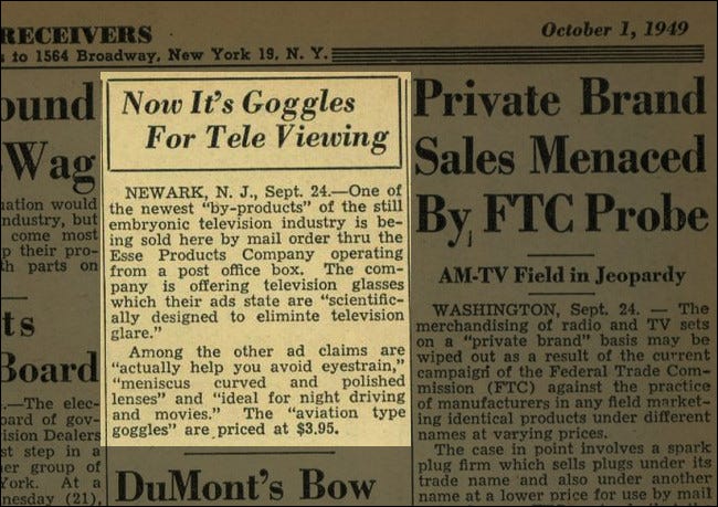 Artículo "Now it's Goggles for Tele Viewing" en la revista Billboard, 1 de octubre de 1949.