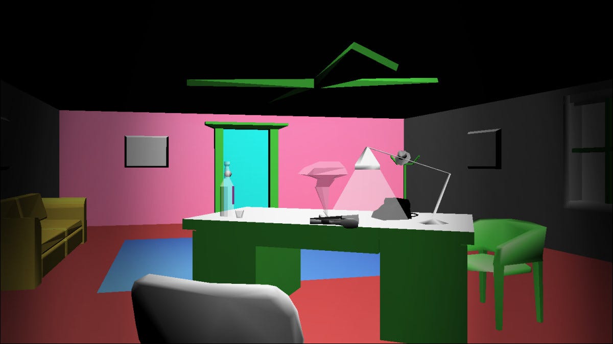 Una escena de oficina VRML alrededor de 1996 creada por Jeffrey K. Bedrick.