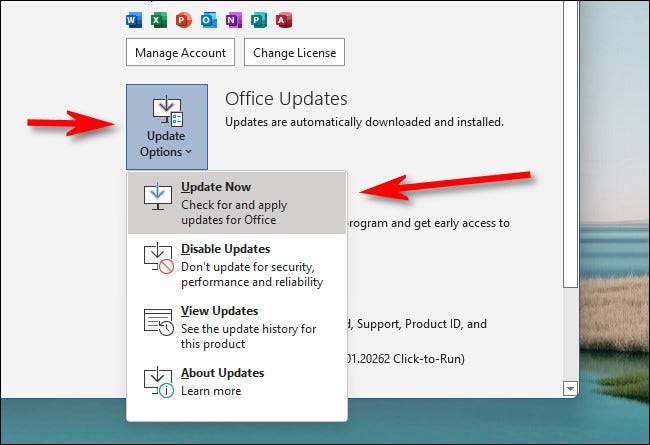 Haz clic en "Actualizaciones de Office", luego selecciona "Actualizar ahora".