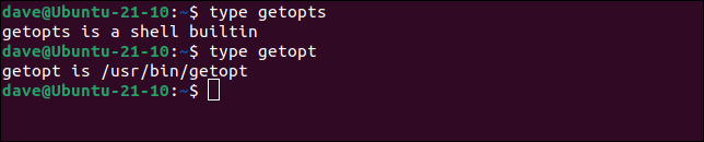 usando el comando type para ver la diferencia entre getop y getops