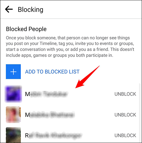 Ver personas bloqueadas en Facebook en dispositivos móviles.