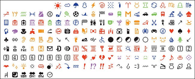 El conjunto original de 176 elementos de emoji de NTT DOCOMO en 1999.