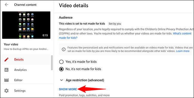 Haga clic en "Mostrar más" en la página "Detalles del video".