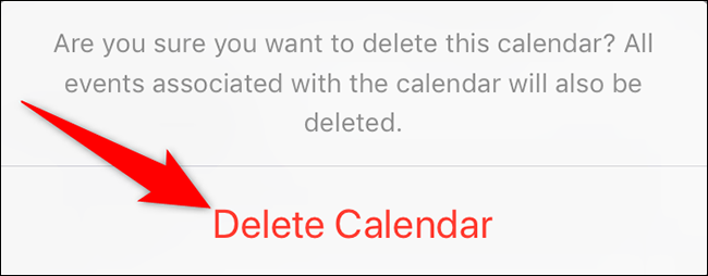 Toque "Eliminar calendario" en el aviso.