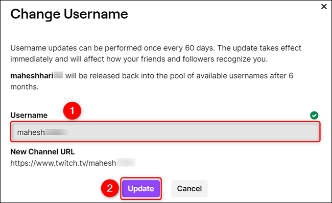 Escriba el nuevo nombre de usuario en "Nombre de usuario" y haga clic en "Actualizar".