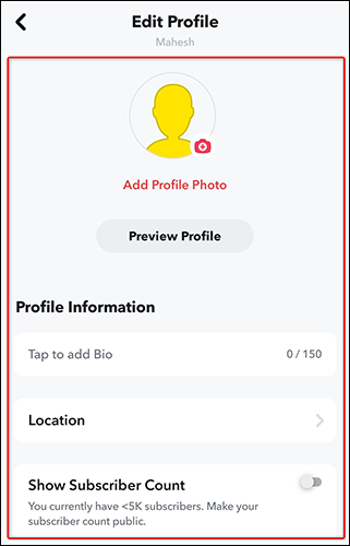 Edita el perfil público de Snapchat.