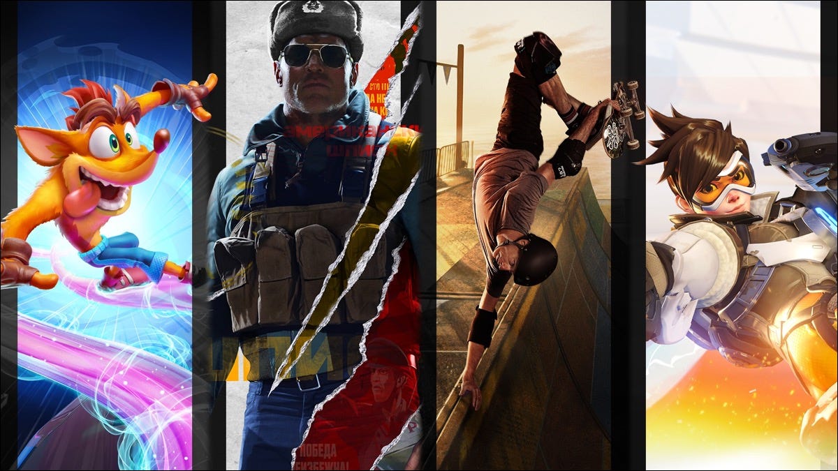 Obras de arte promocionales de Crash Bandicoot, Call of Duty, Tony Hawk's Pro Skater y Overwatch