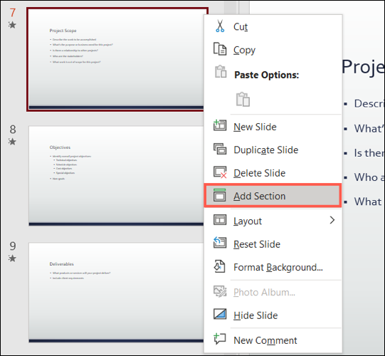 Agregar sección en el menú contextual en PowerPoint en Windows
