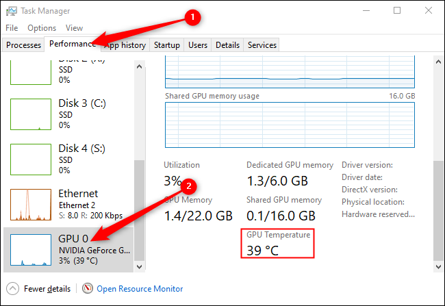 Primero, haga clic en la pestaña "Rendimiento".  Luego haga clic en la opción "GPU".  Temperatura mostrada en la parte inferior de la página de la GPU.