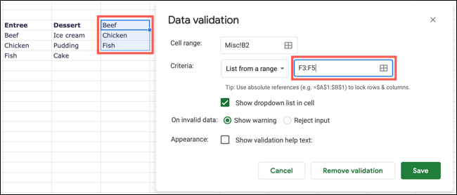 Complete la configuración de Validación de datos