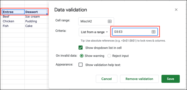 Complete la configuración de Validación de datos