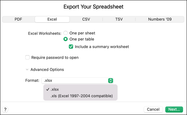 Selección de formato de archivo de Excel