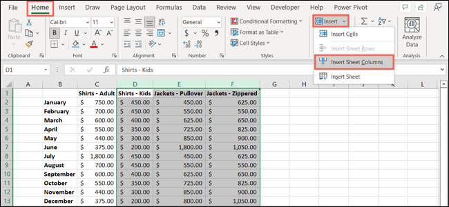 Insertar varias columnas en Excel