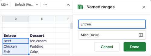 Primer rango con nombre para los elementos de la lista