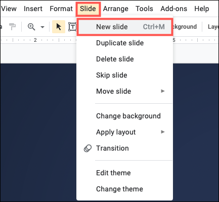 Seleccione Nueva diapositiva en el menú