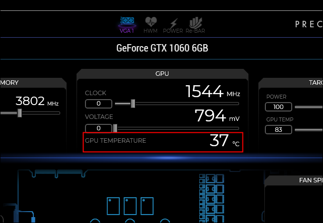 Cuadro rojo que encapsula la temperatura de la GPU