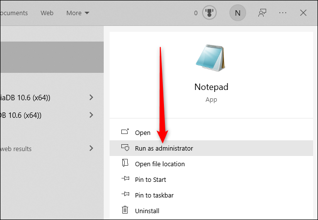 En el menú de inicio de Windows 10, haga clic en "Ejecutar como administrador"