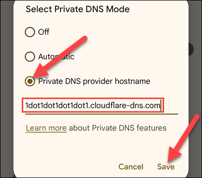 Ingrese la información de DNS y toque "Guardar".