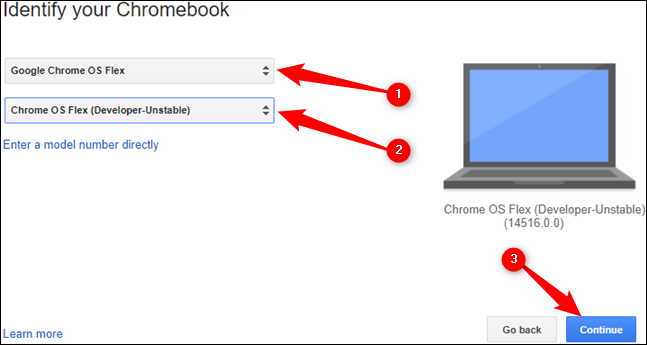 Haga clic en seleccionar fabricante y establezca "Google Chrome OS Flex".  Luego haga clic en "Seleccionar un producto" y configure "Chrome OS Flex (desarrollador-inestable)".  Haz clic en "Continuar".