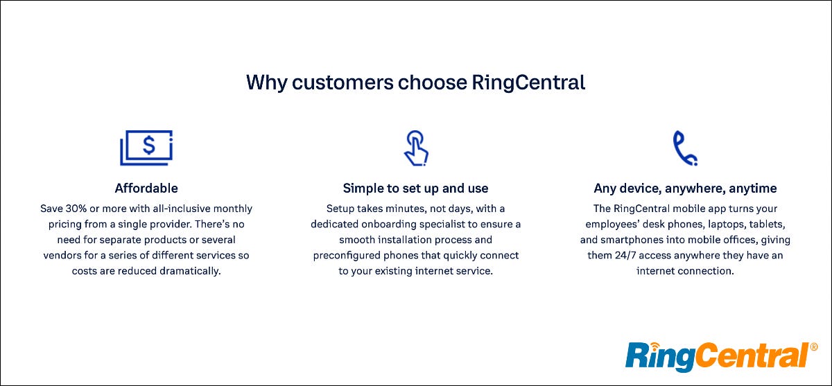 Los beneficios de RingCentral incluyen asequibilidad, facilidad de uso y flexibilidad del dispositivo
