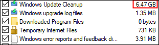 Ejemplo de limpieza del sistema, con el tamaño de los restos de actualización de Windows en el cuadro rojo