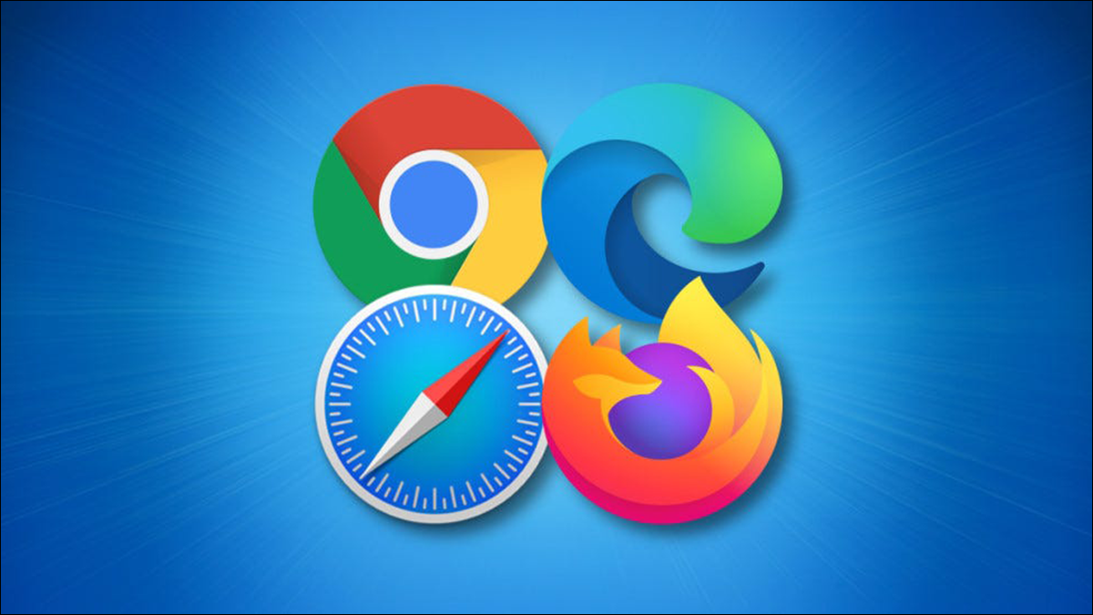 Cuatro navegadores principales: logotipos de Chrome, Edge, Safari y Firefox en azul.