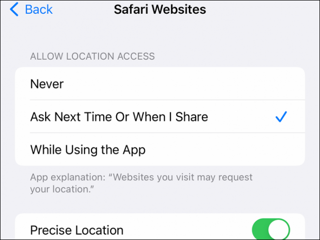 Valores predeterminados de ubicación de Safari en iOS