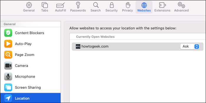 Vista predeterminada en la configuración de ubicación para sitios web de Safari