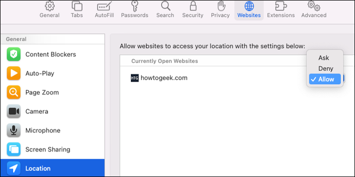 Permitir el acceso a la ubicación de un sitio web en macOS Safari