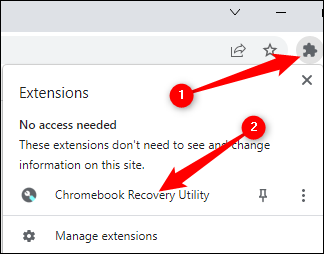 Haga clic en la pieza del rompecabezas para abrir la lista de extensiones.  Luego haga clic en "Utilidad de recuperación de Chromebook".