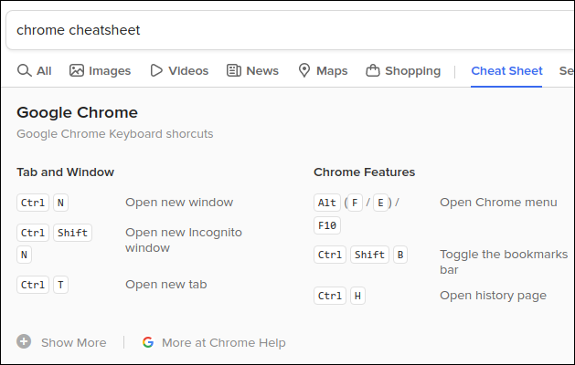 Hoja de trucos de atajos del navegador Chrome en DuckDuckGo