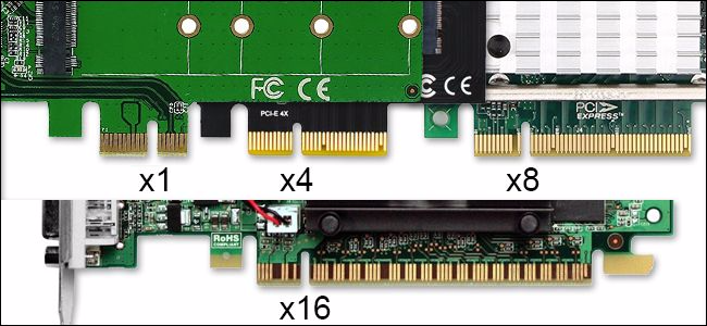 Los diversos tamaños de tarjetas PCIe, incluidos x1, x4, x8 y x16.