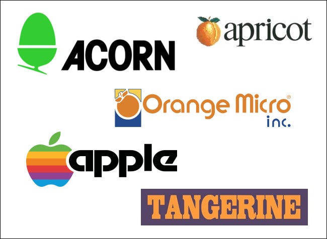 Cinco logotipos de empresas de informática relacionados con frutas vintage diferentes