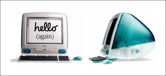 Una vista frontal y lateral de la computadora Apple iMac original de 1998.