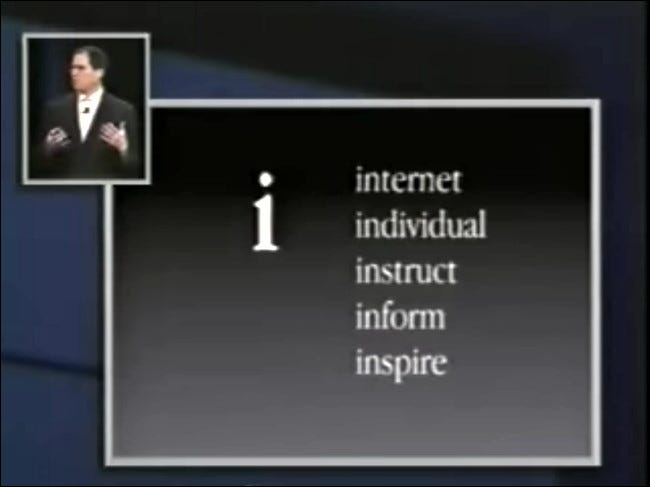 Una diapositiva de palabras alternativas de Apple "i" de una presentación en mayo de 1998.